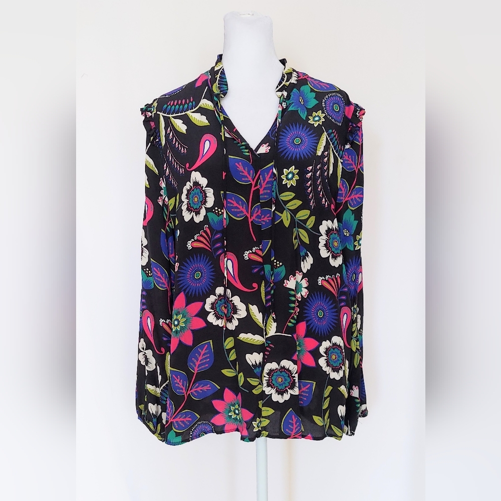 Tyler Boe 100% Silk Maggie Blouse Colorful Black Floral Top Size Large